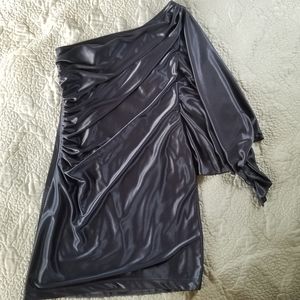 One Shoulder Pewter Grey Metallic Mini Dress